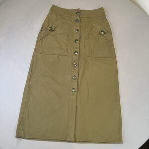 Anthropologie 4 Maeve Cargo ButtonDown Midi Skirt 100% Cotton Army Green Classic